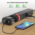 CRST Under-Desk Clamp Power Strip with 3 AC Outlets & 3 USB Ports (1 USB-C), 1020J Surge Protector, 6FT Flat Plug Extension Cord, Easy Mount Desk Charging Station for Home Office