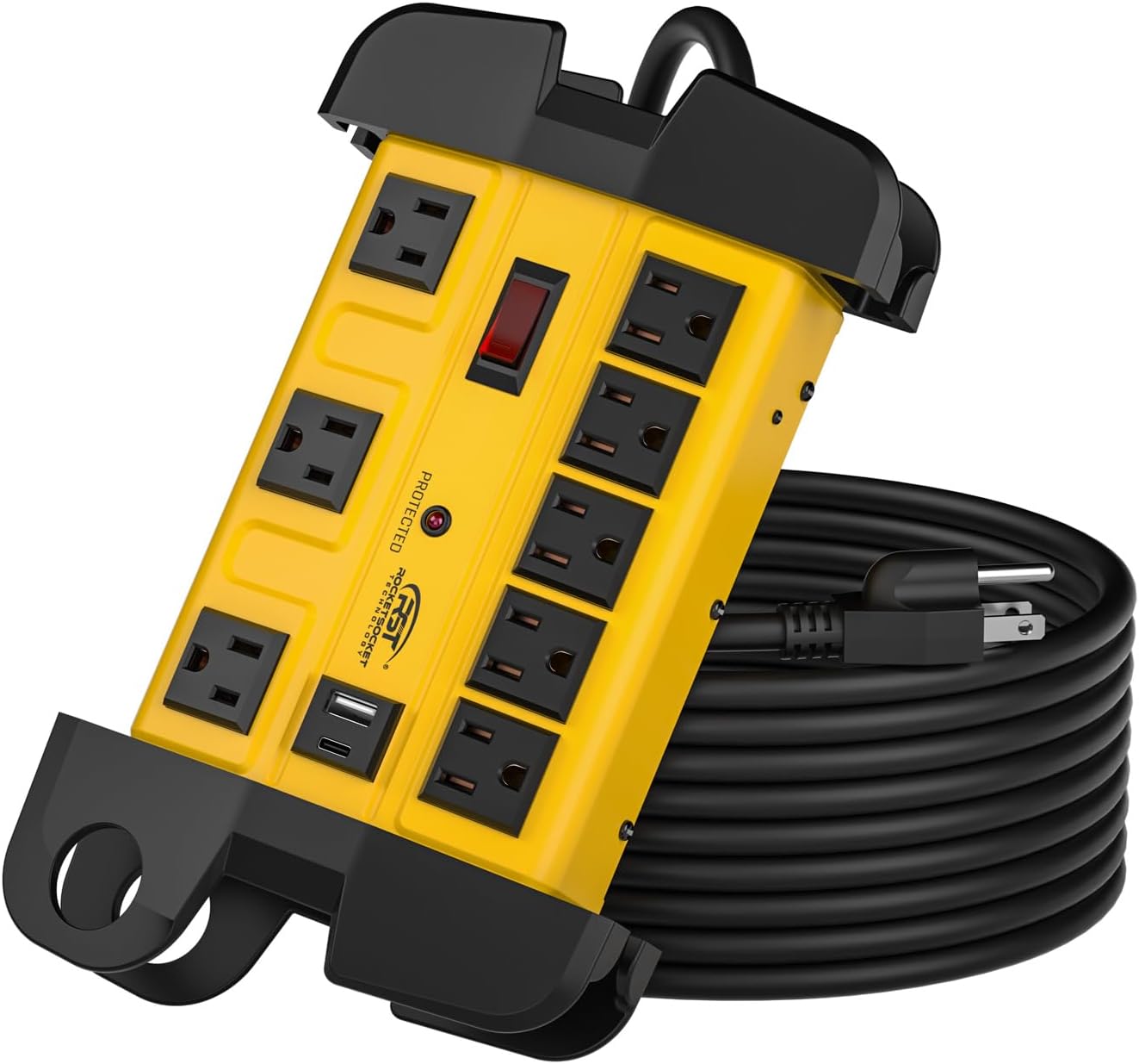 CRST 8-Outlet Wide-Spaced Metal Surge Protector Power Strip with Cord Wrap - 1350J, USB-C & USB-A, Wall Mount, 15ft Cord
