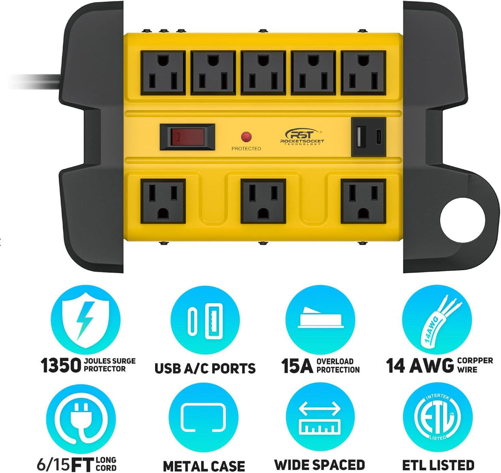CRST 8-Outlet Wide-Spaced Metal Surge Protector Power Strip with Cord Wrap - 1350J, USB-C & USB-A, Wall Mount, 15ft Cord