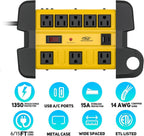 CRST 8-Outlet Wide-Spaced Metal Surge Protector Power Strip with Cord Wrap - 1350J, USB-C & USB-A, Wall Mount, 15ft Cord