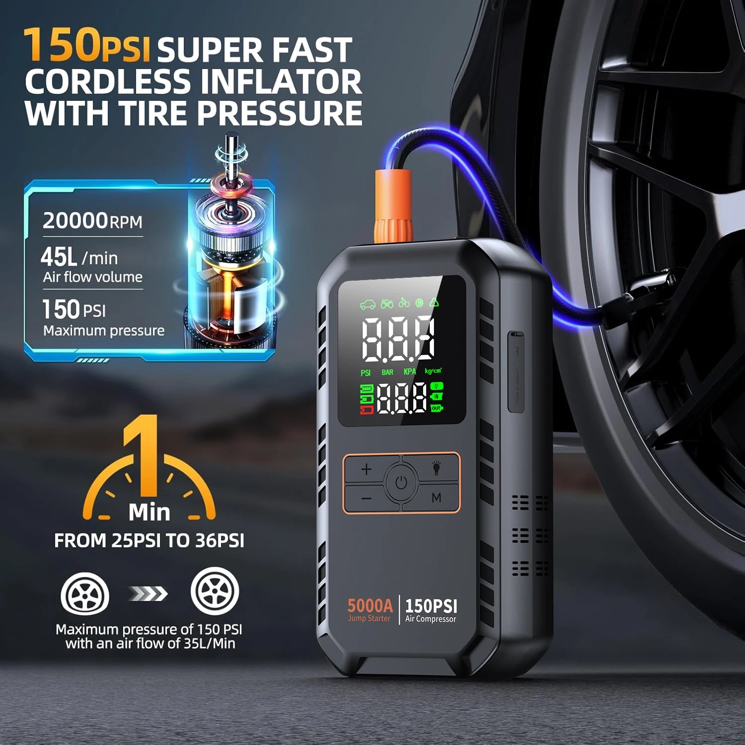 4-in-1 5000A Car Jump Starter with Air Compressor