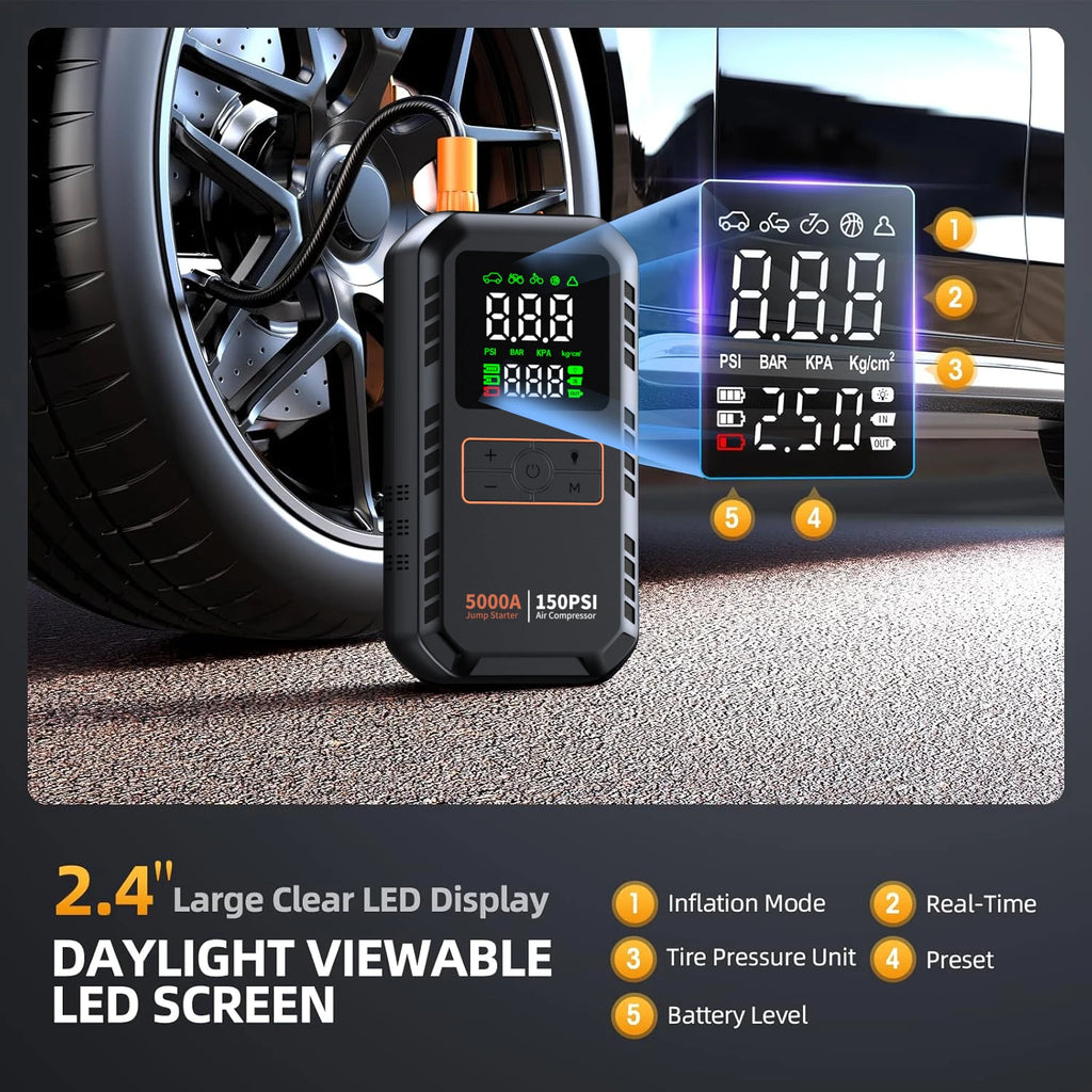 4-in-1 5000A Car Jump Starter with Air Compressor