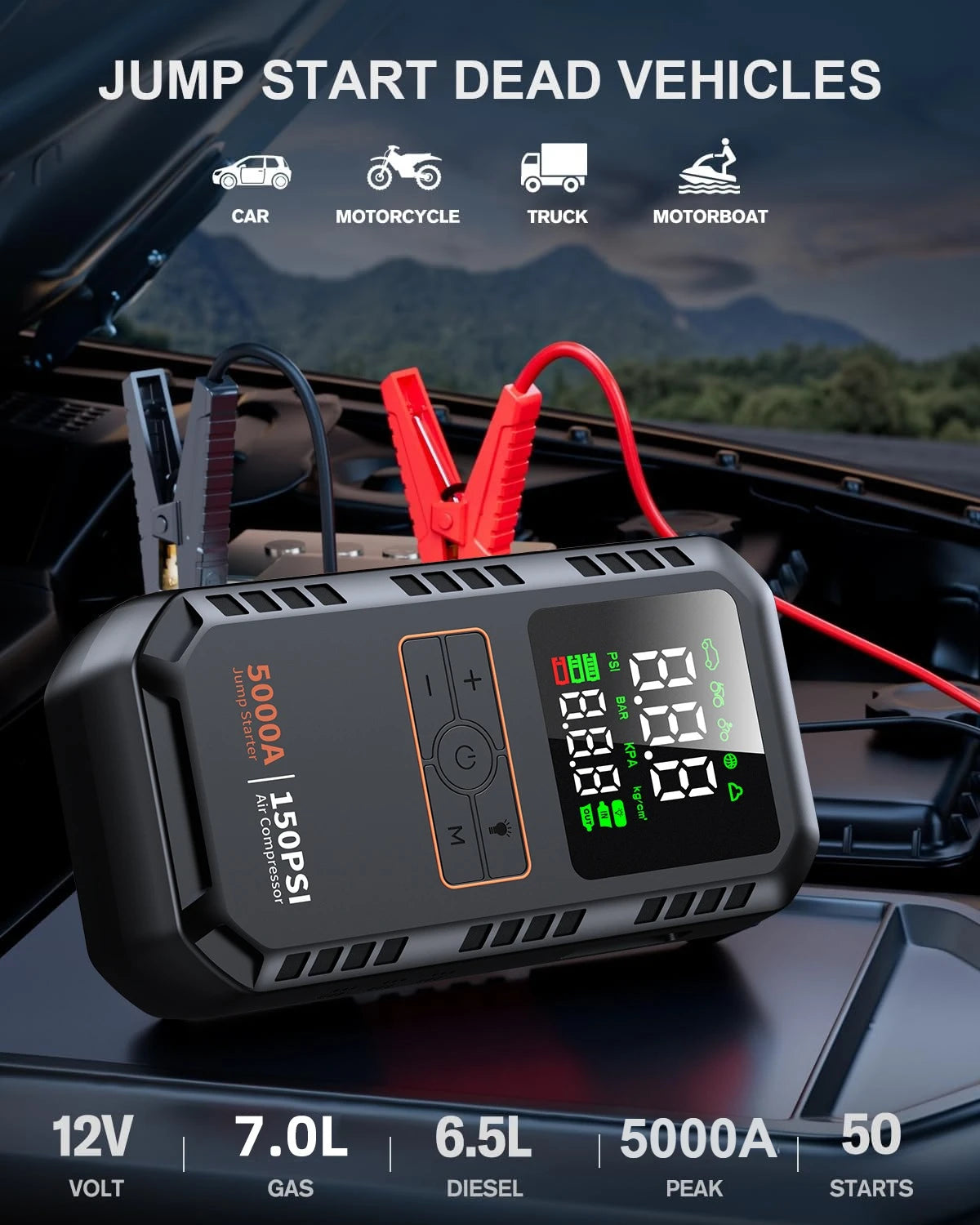 4-in-1 5000A Car Jump Starter with Air Compressor