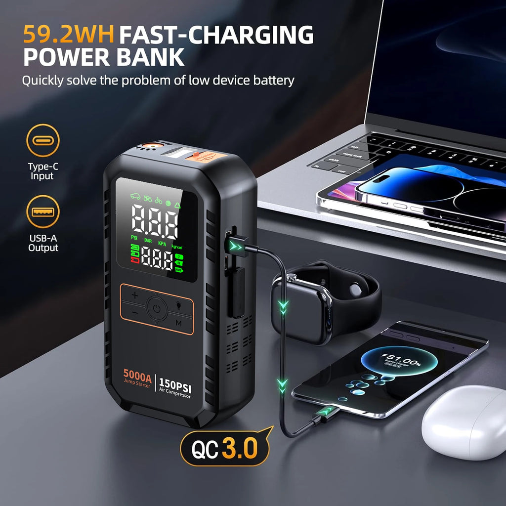 4-in-1 5000A Car Jump Starter with Air Compressor