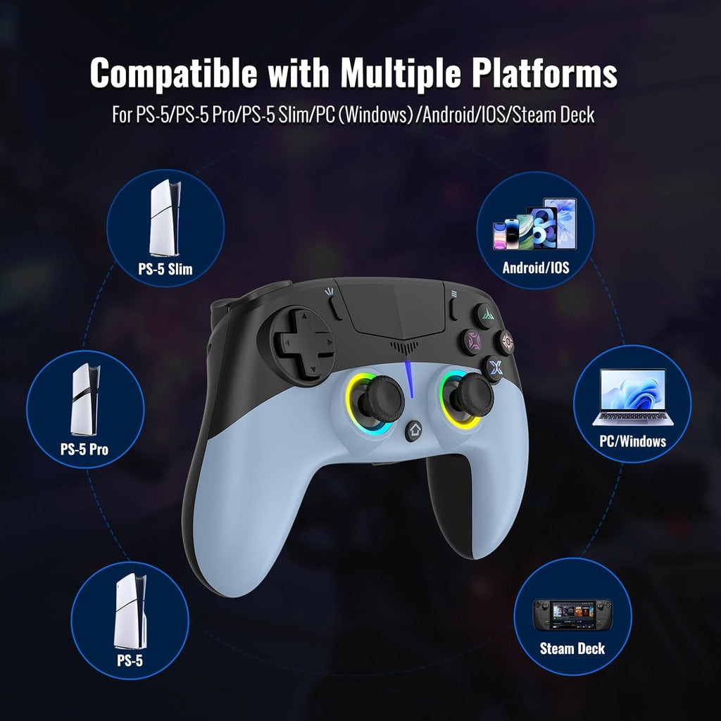 LED Wireless Gaming Controller for PS5 Pro Slim and PC, Hall Effect Joysticks and Triggers, RGB Lighting with 4 Modes, Macro Support, 6-Axis Motion Control, Dual Vibration, 3.5mm Audio Jack, Black and Blue
