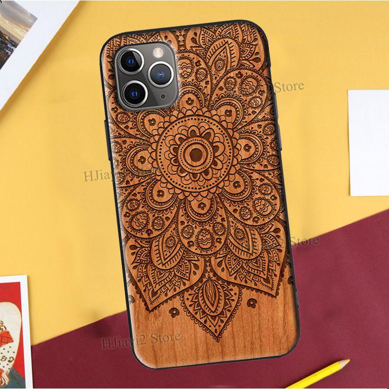 Floral Wood For iPhone 12 Pro Max 13 mini Case For iPhone Vintage New Engraved Design Wood Phone Covers Compatible with iPhone 12 Slim fit Cell Phone Cover