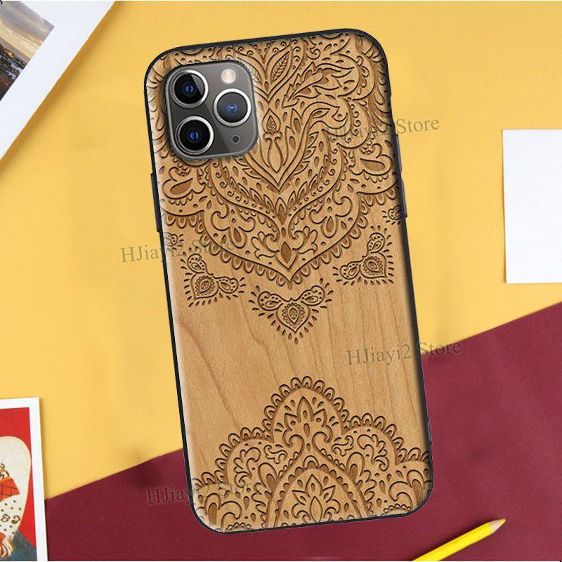 Floral Wood For iPhone 12 Pro Max 13 mini Case For iPhone Vintage New Engraved Design Wood Phone Covers Compatible with iPhone 12 Slim fit Cell Phone Cover