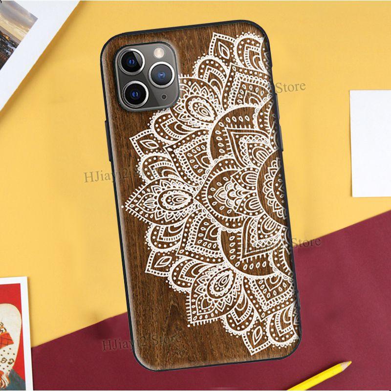 Floral Wood For iPhone 12 Pro Max 13 mini Case For iPhone Vintage New Engraved Design Wood Phone Covers Compatible with iPhone 12 Slim fit Cell Phone Cover