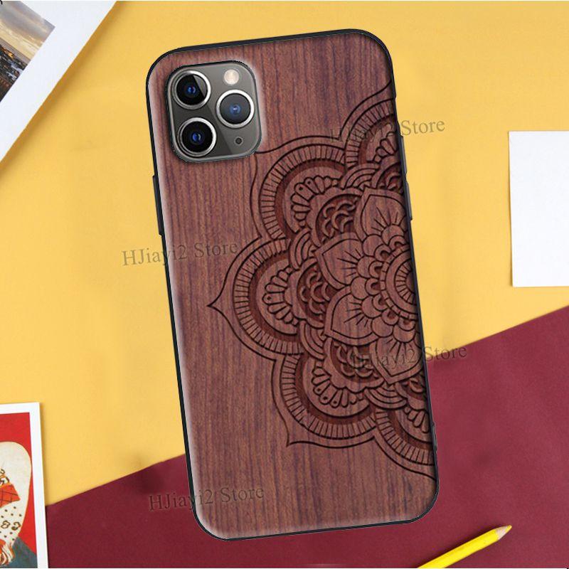 Floral Wood For iPhone 12 Pro Max 13 mini Case For iPhone Vintage New Engraved Design Wood Phone Covers Compatible with iPhone 12 Slim fit Cell Phone Cover