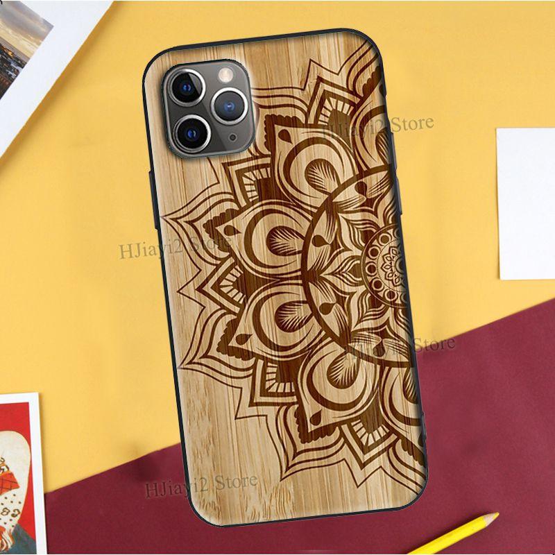 Floral Wood For iPhone 12 Pro Max 13 mini Case For iPhone Vintage New Engraved Design Wood Phone Covers Compatible with iPhone 12 Slim fit Cell Phone Cover