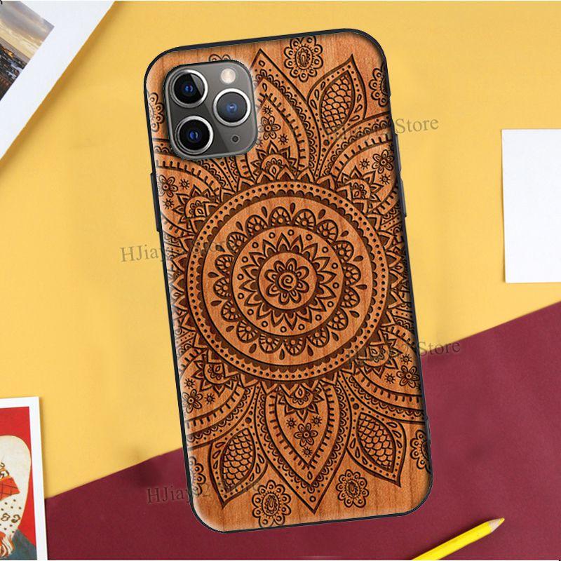 Floral Wood For iPhone 12 Pro Max 13 mini Case For iPhone Vintage New Engraved Design Wood Phone Covers Compatible with iPhone 12 Slim fit Cell Phone Cover