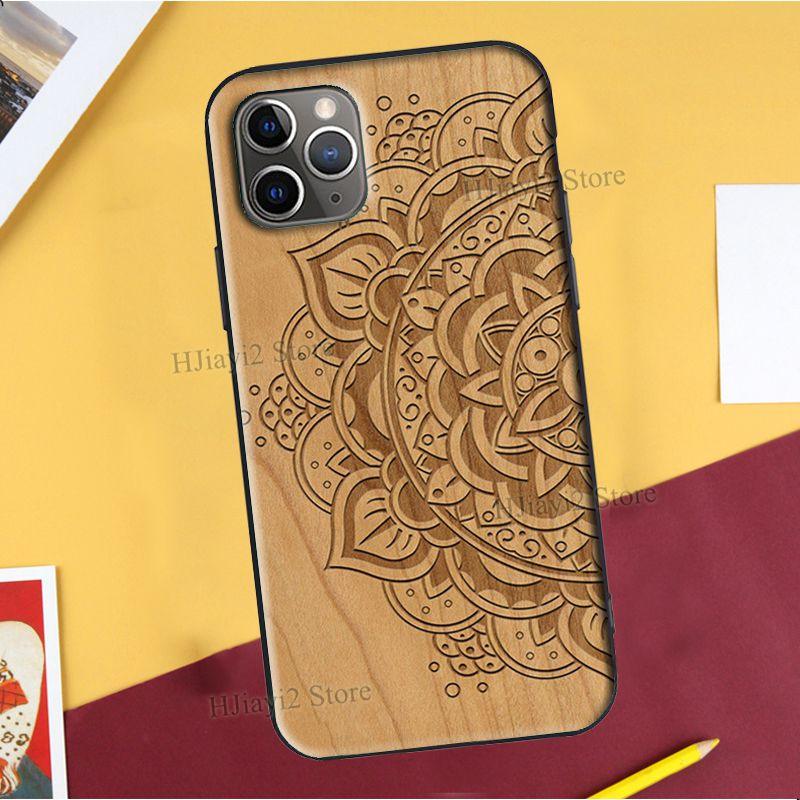 Floral Wood For iPhone 12 Pro Max 13 mini Case For iPhone Vintage New Engraved Design Wood Phone Covers Compatible with iPhone 12 Slim fit Cell Phone Cover