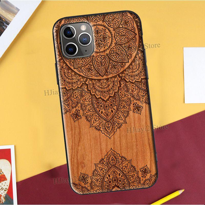 Floral Wood For iPhone 12 Pro Max 13 mini Case For iPhone Vintage New Engraved Design Wood Phone Covers Compatible with iPhone 12 Slim fit Cell Phone Cover